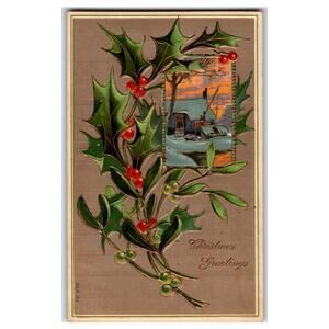 Vintage Embossed Christmas Postcard with Holly & Winter Cabin Scene